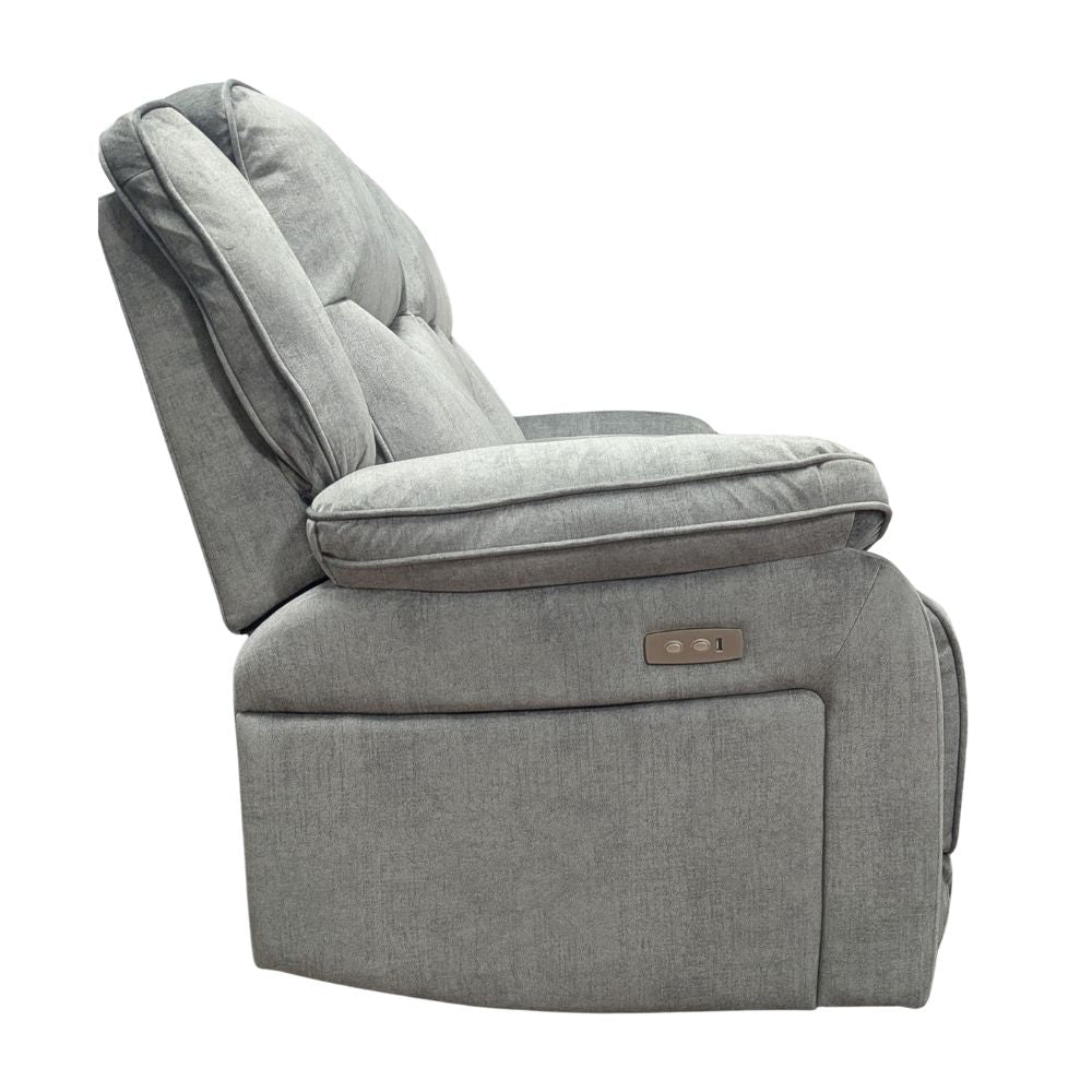 side view of our silver - grey 3 seater electric reclining sofa with built in USB charger