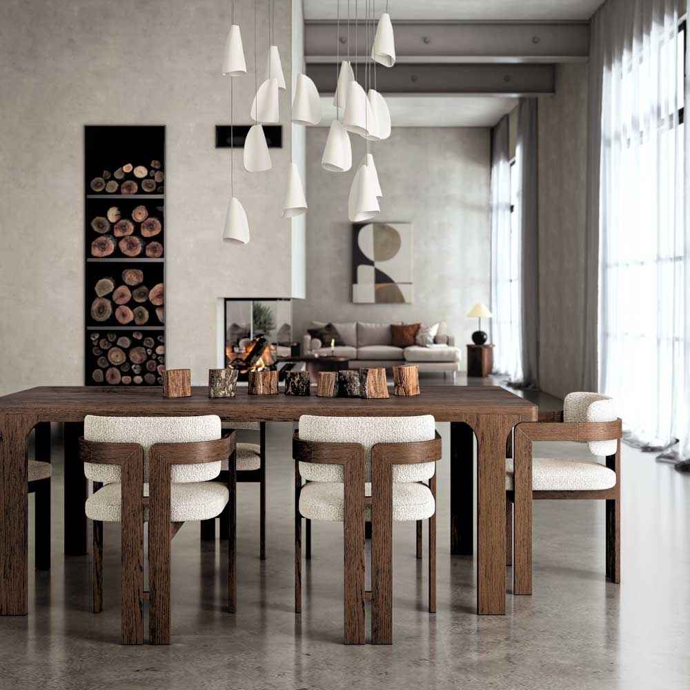 Modern dining room with wooden table and chairs, abstract art on the wall, and a chandelier.
