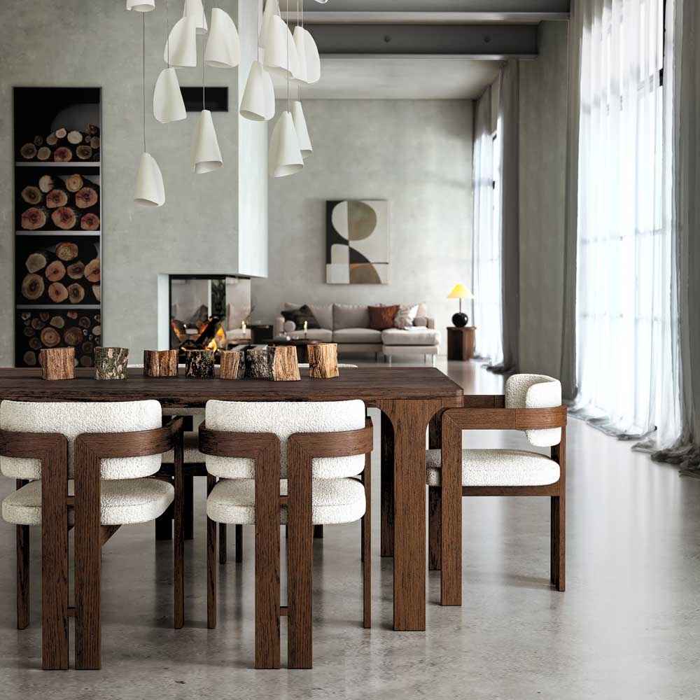 Modern dining room with wooden table and chairs, abstract art on the wall, and a chandelier.
