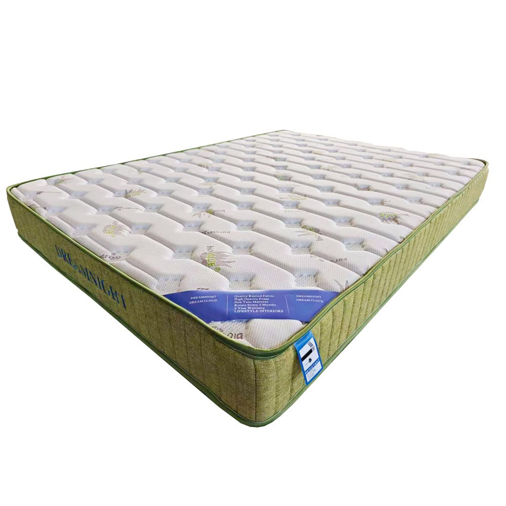 Mattress with green exterior and white interior on a white background