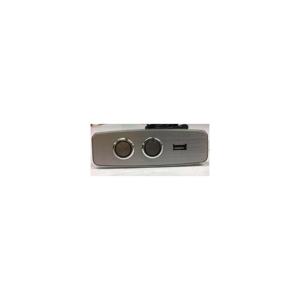 Metallic electronic device with two circular ports for a reclining sofa / armchair and a USB port on a white background