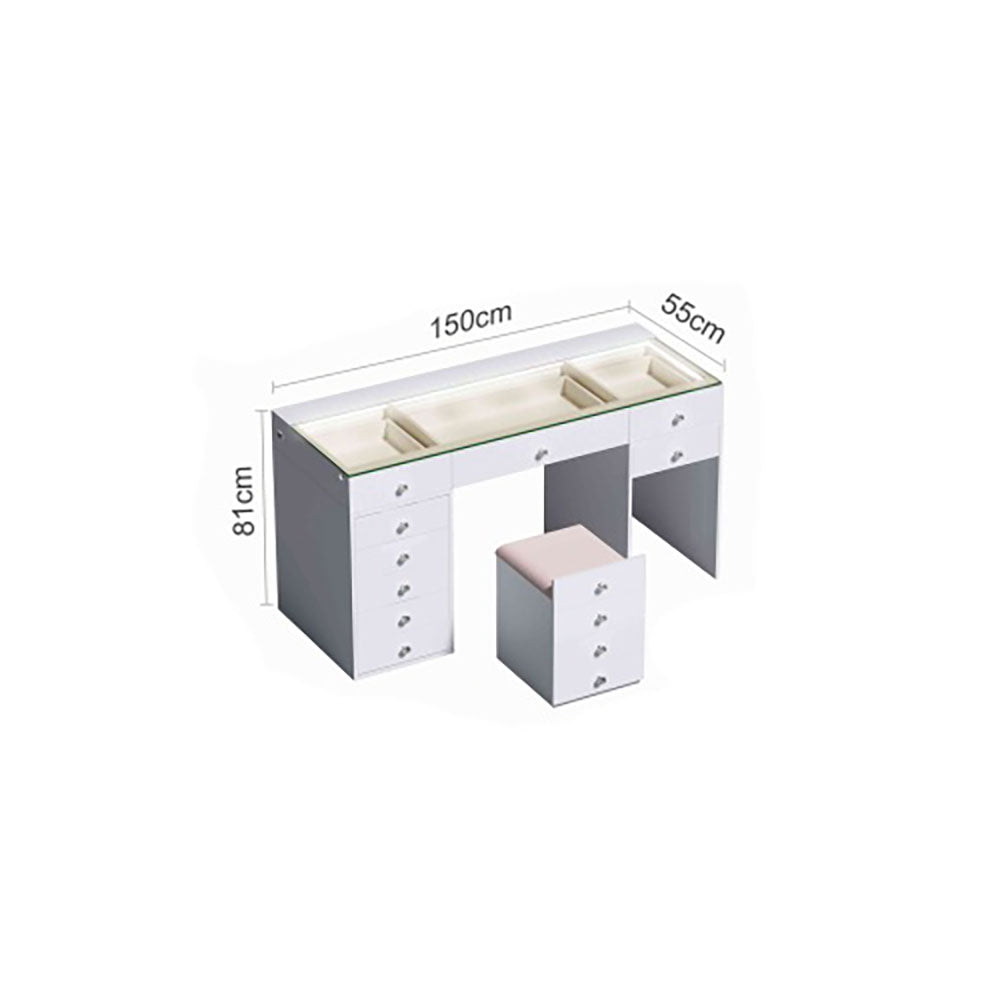White vanity table with dimensions on a white background