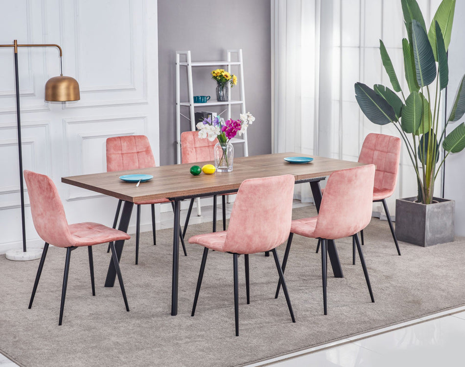 Room Setting of Walnut Wood effect Extending Table with Black contemporary legs and dining chairs