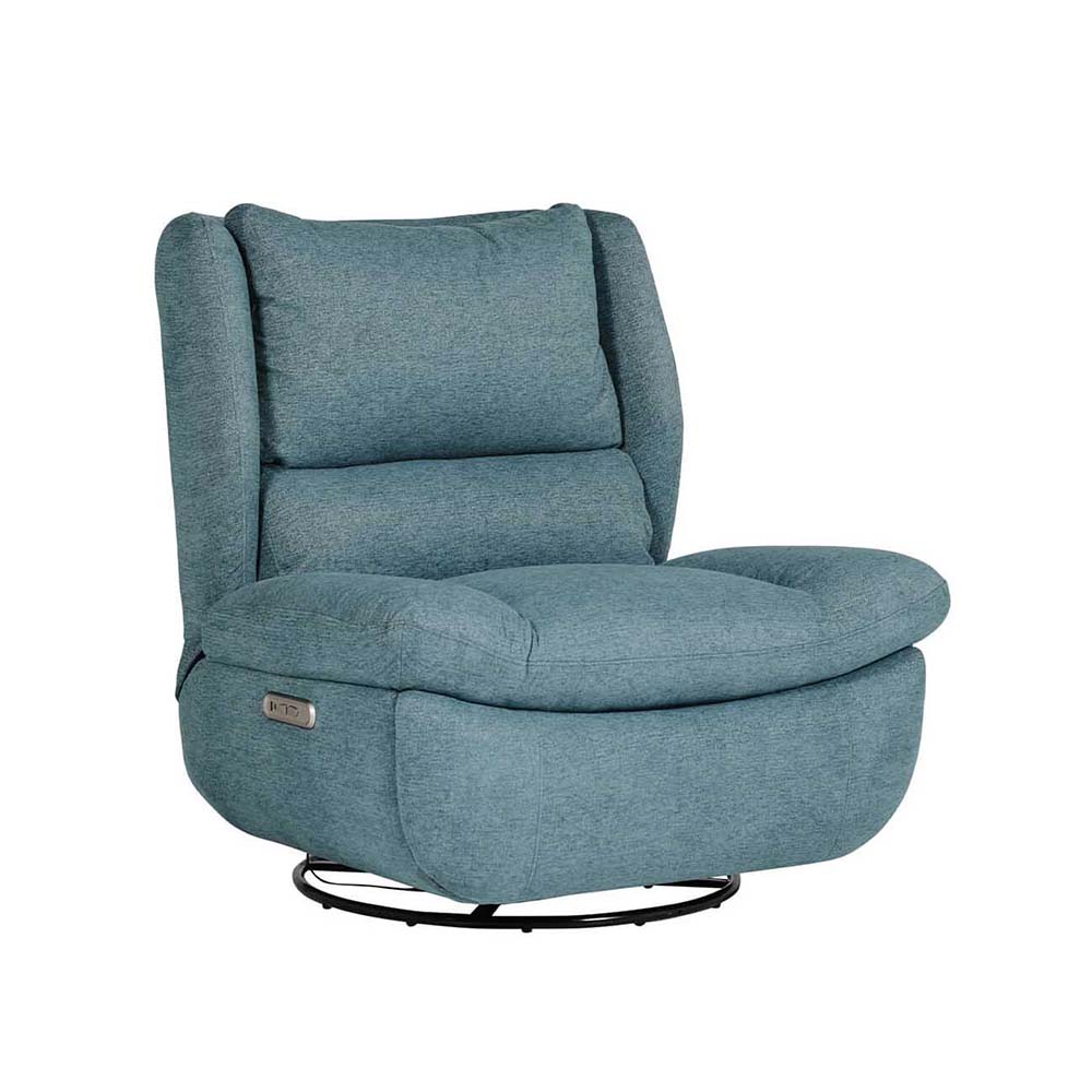 Blue reclining swivel chair on a white background with built in USB and USB-C charging port. 
