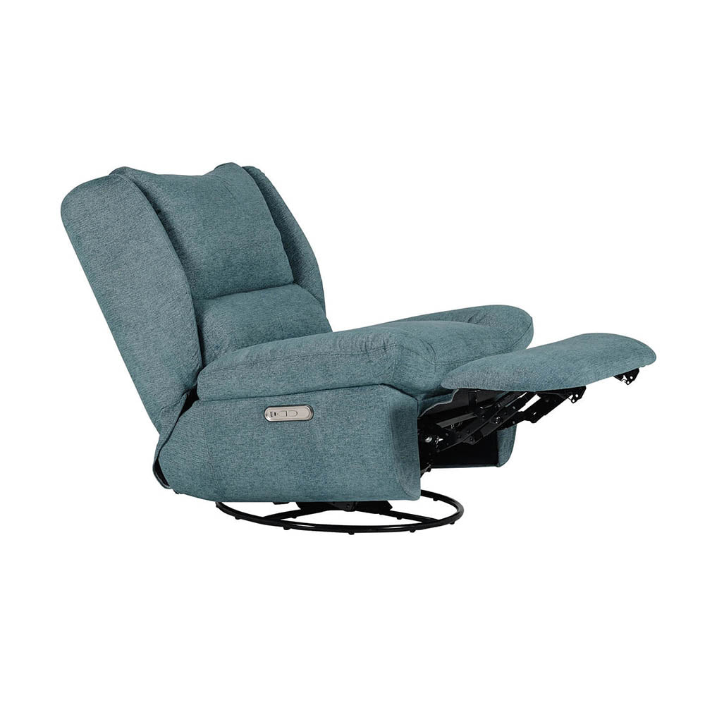 Blue reclining swivel chair fully extended, on a white background with built in USB and USB-C charging port. 