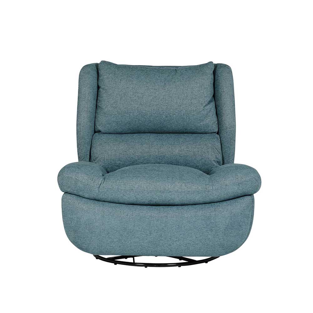 Blue upholstered electric reclining swivel chair on a white background