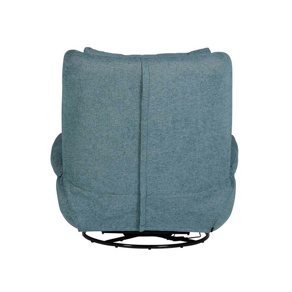 View from the back of blue electric reclining swivel chair on a white background