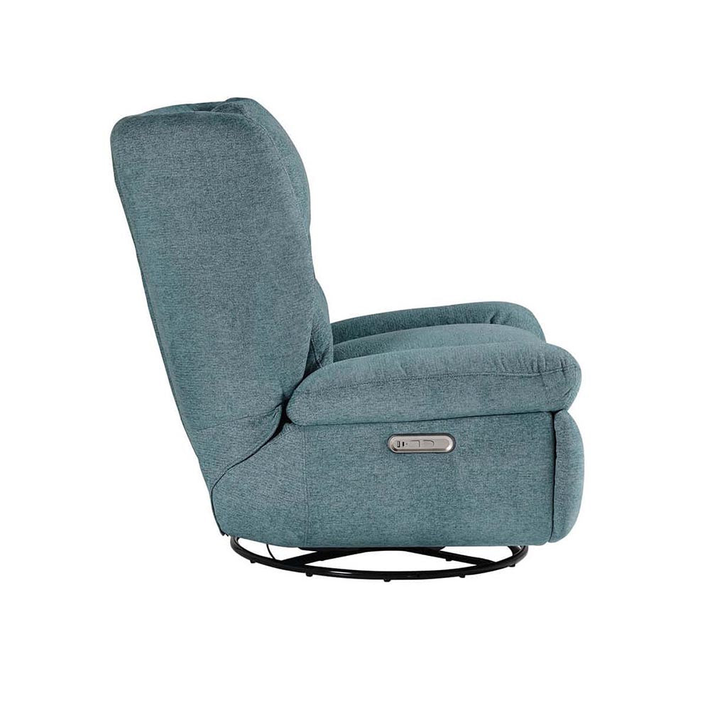 side view of Blue electric swivel recliner chair on a white background