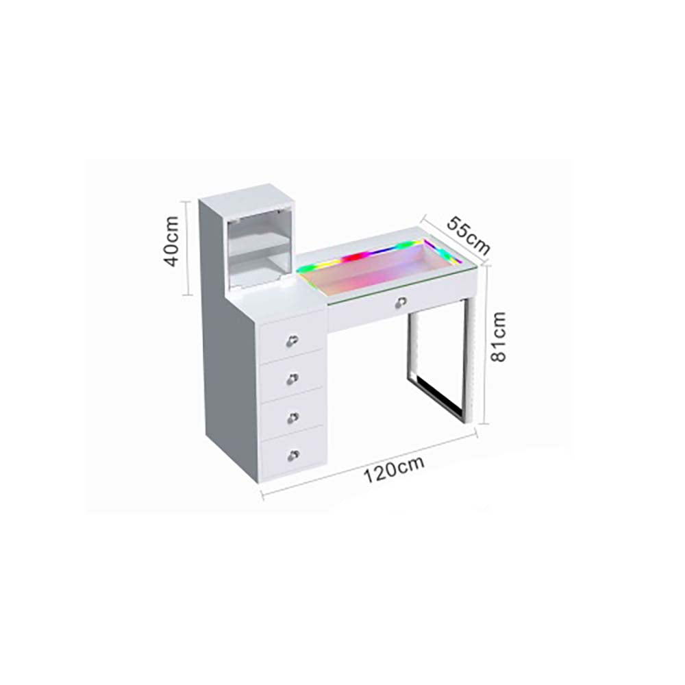White illuminated vanity table with dimensions labeled on a white background