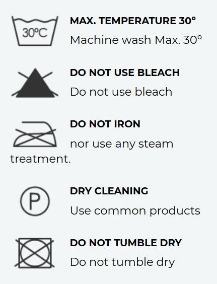 Set of laundry care symbols and text on a white background