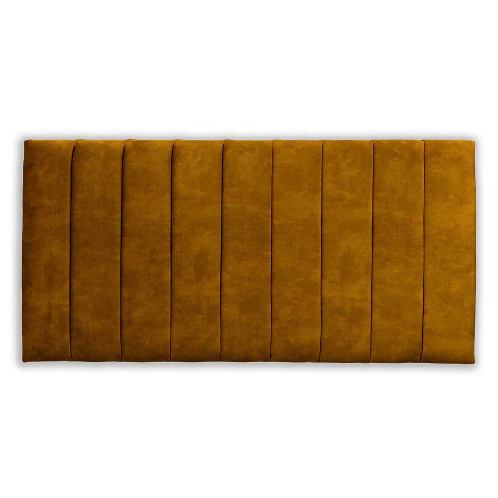 Mustard yellow headboard with a pleated design on a white background
