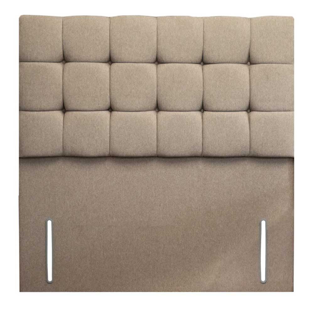 Beige upholstered headboard with tufted design on a white background