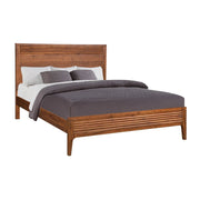 Wooden bed with gray bedding on a white background