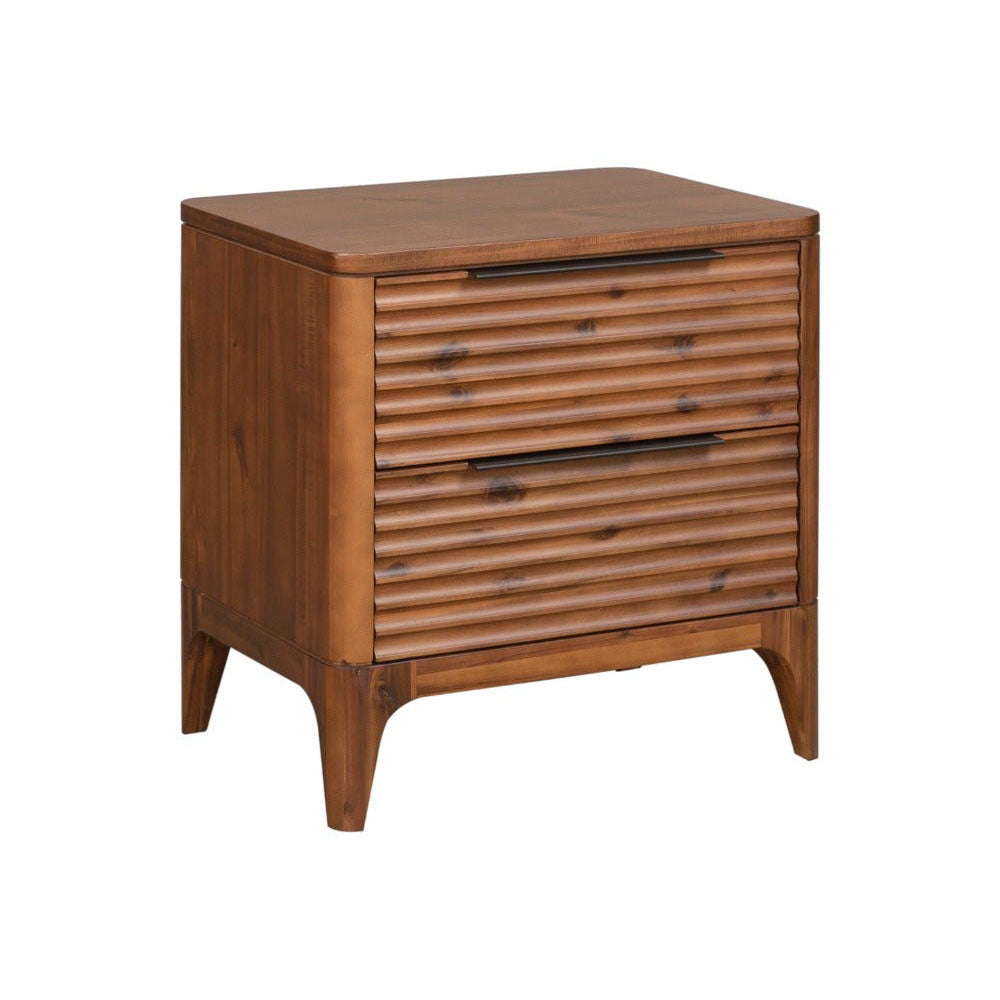 walnut Wooden nightstand with two drawers, carved horizontal detailing and tapered legs on a white background