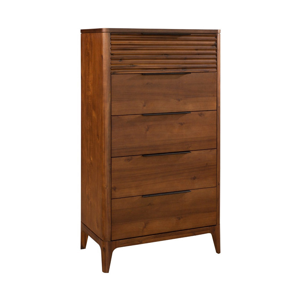 Wooden dresser with five drawers on a white background
