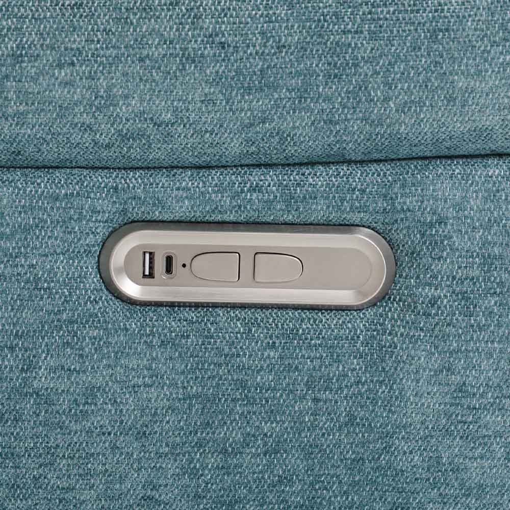 Close-up of a blue textured reclining swivel chair with a USB and USB-C port and power switch 