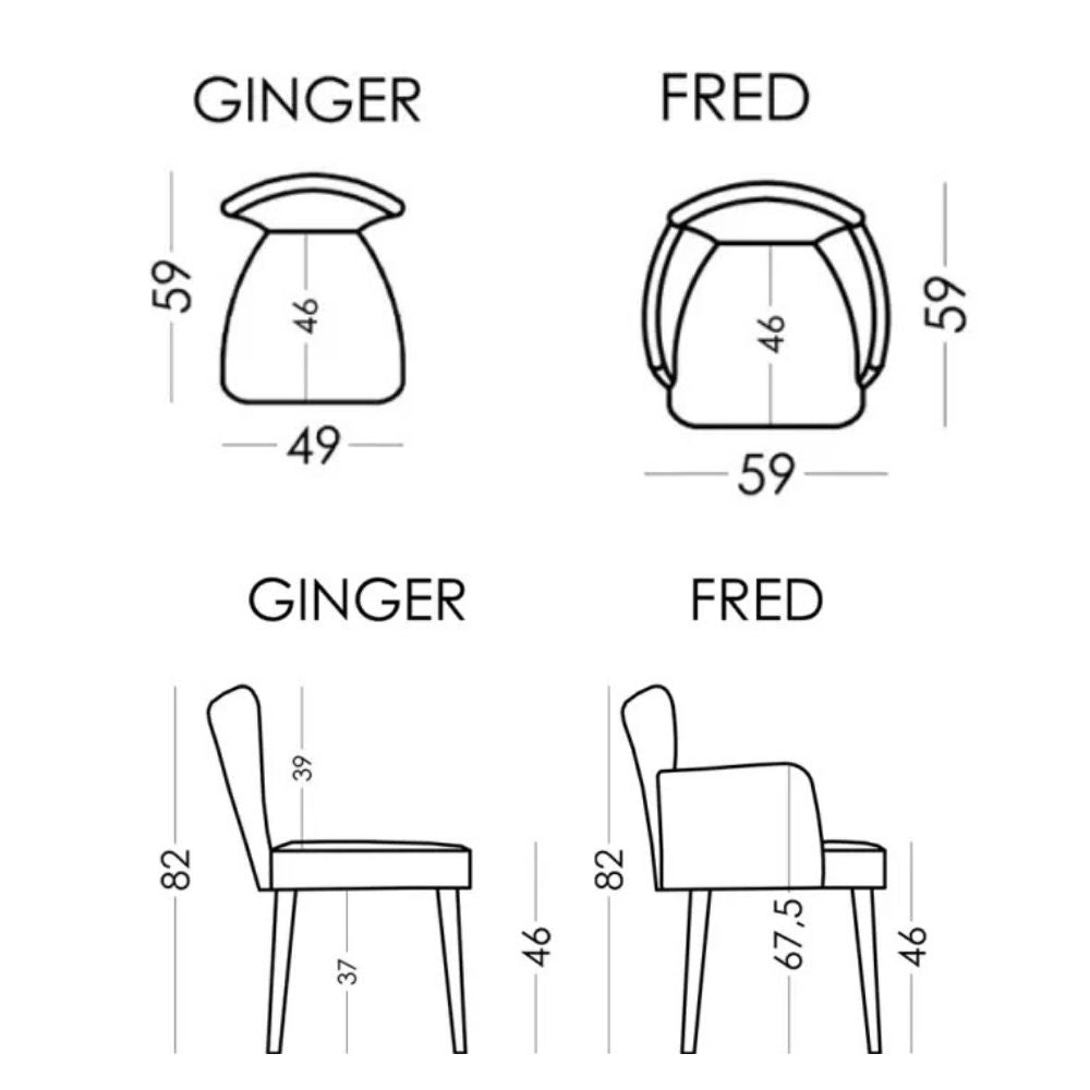 Black and white line drawing showing two chair designs labeled GINGER and FRED with dimension measurements for height, width, and seat depth.