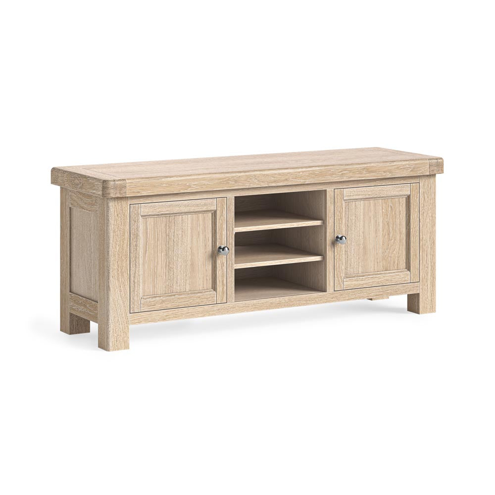 Wooden TV stand with two doors and a shelf on a white background