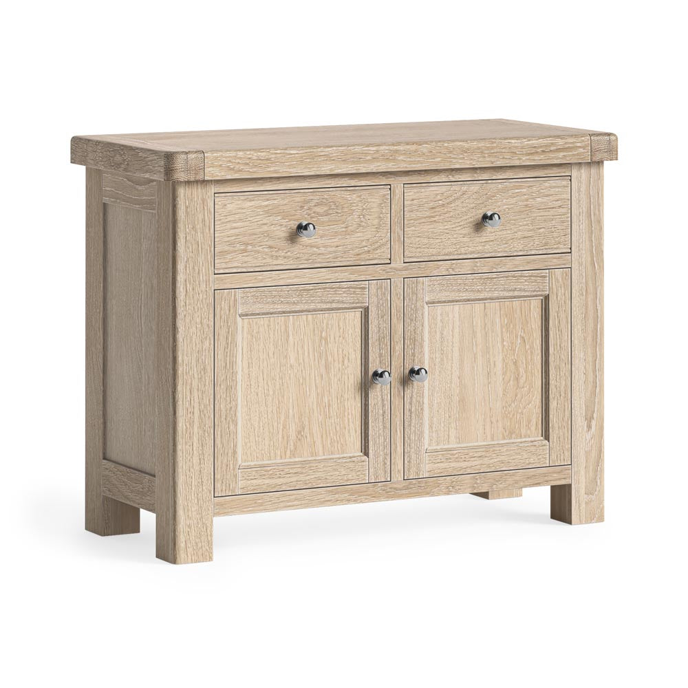 Wooden sideboard with two doors and two drawers on a white background