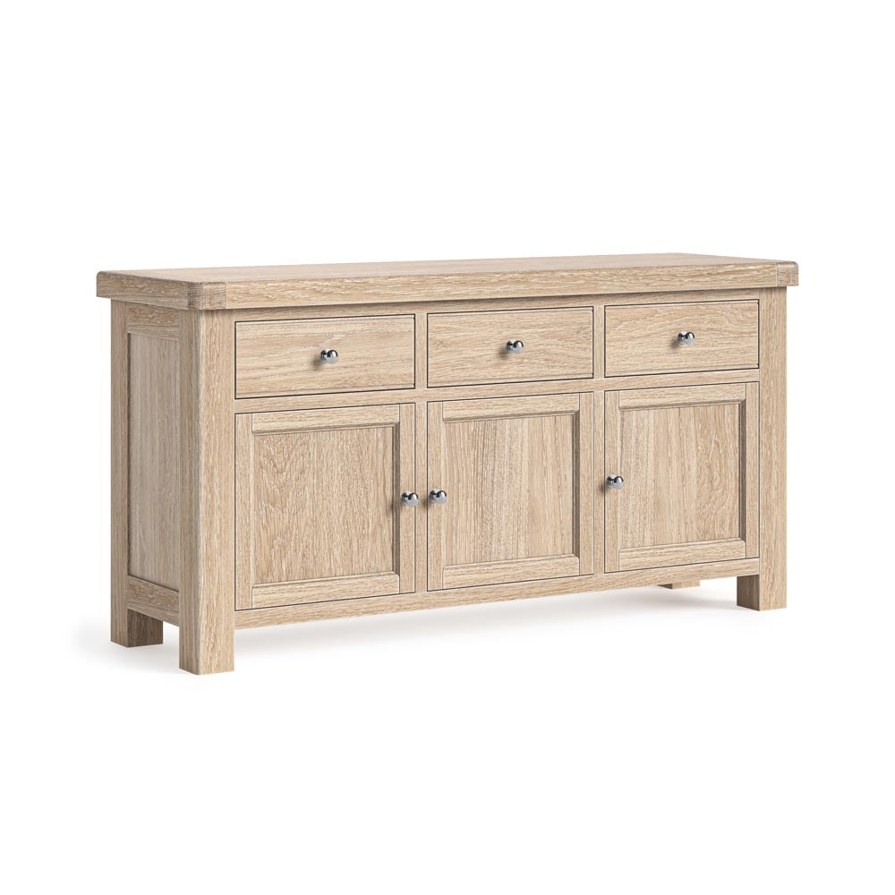 Wooden sideboard with three doors and three drawers on a white background