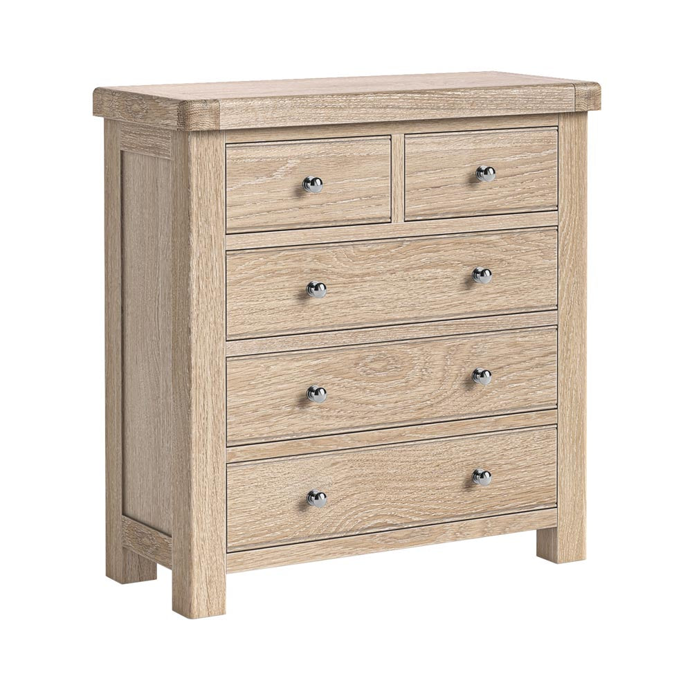 Wooden dresser with five drawers on a white background
