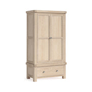 Wooden wardrobe with two doors and a drawer on a white background