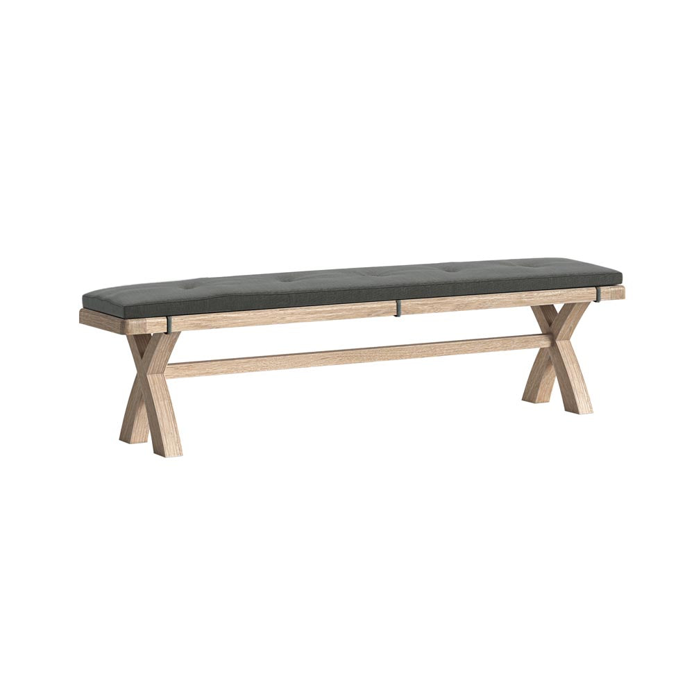 Wooden bench with a charcoal grey cushion on a white background