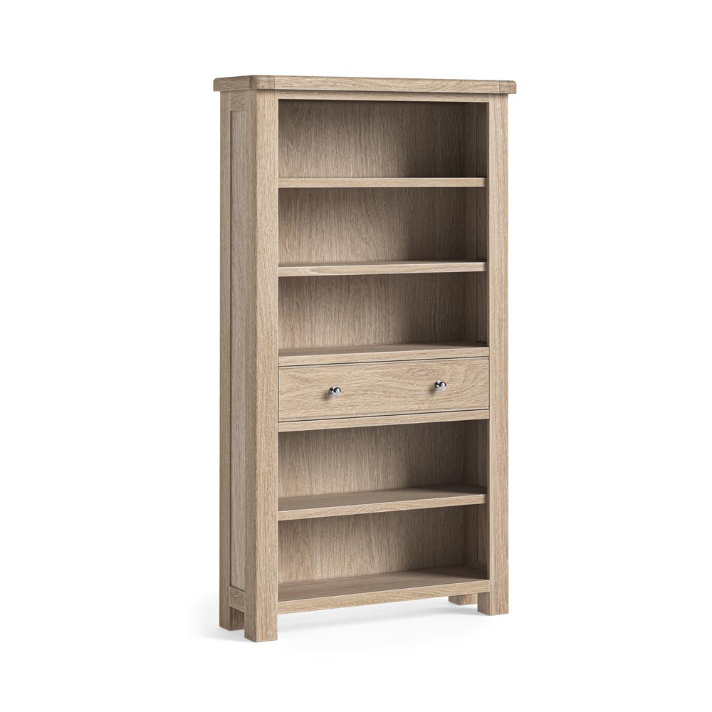 Wooden bookshelf with drawer on a white background