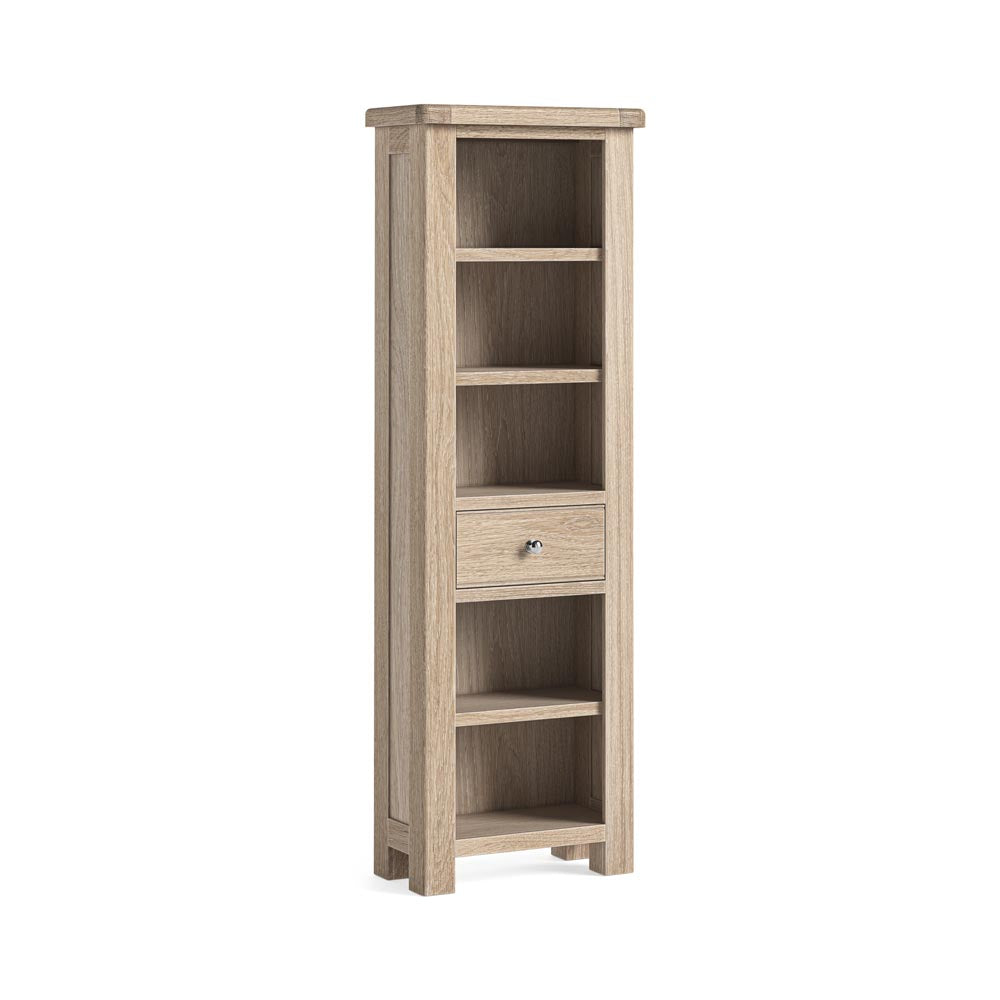 Slim oak bookcase with a single drawer. 