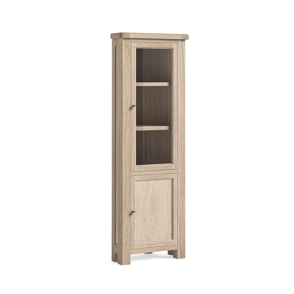Oak Corner display cabinet with glass door on top and enclosed cupboard underneath