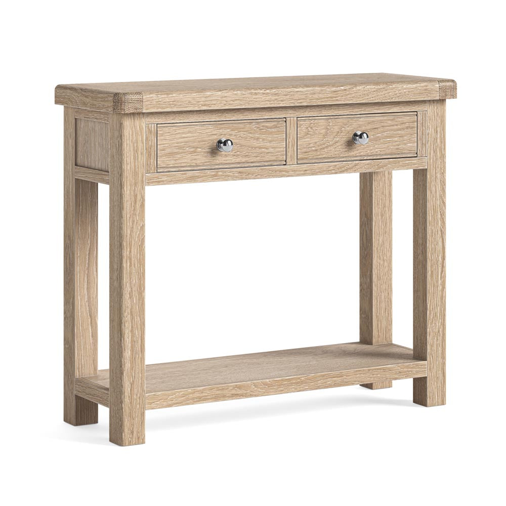 Wooden console table with two drawers on a white background