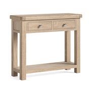 Wooden console table with two drawers on a white background