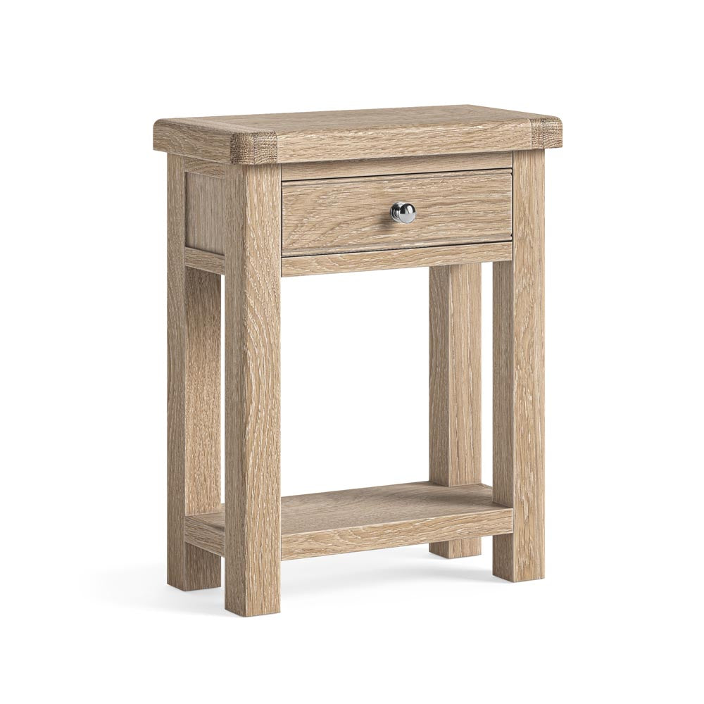 Wooden side table with a drawer on a white background