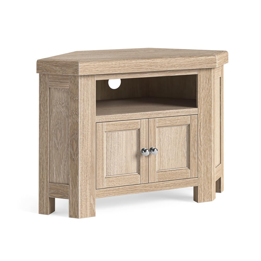Wooden corner TV stand with two doors on a white background