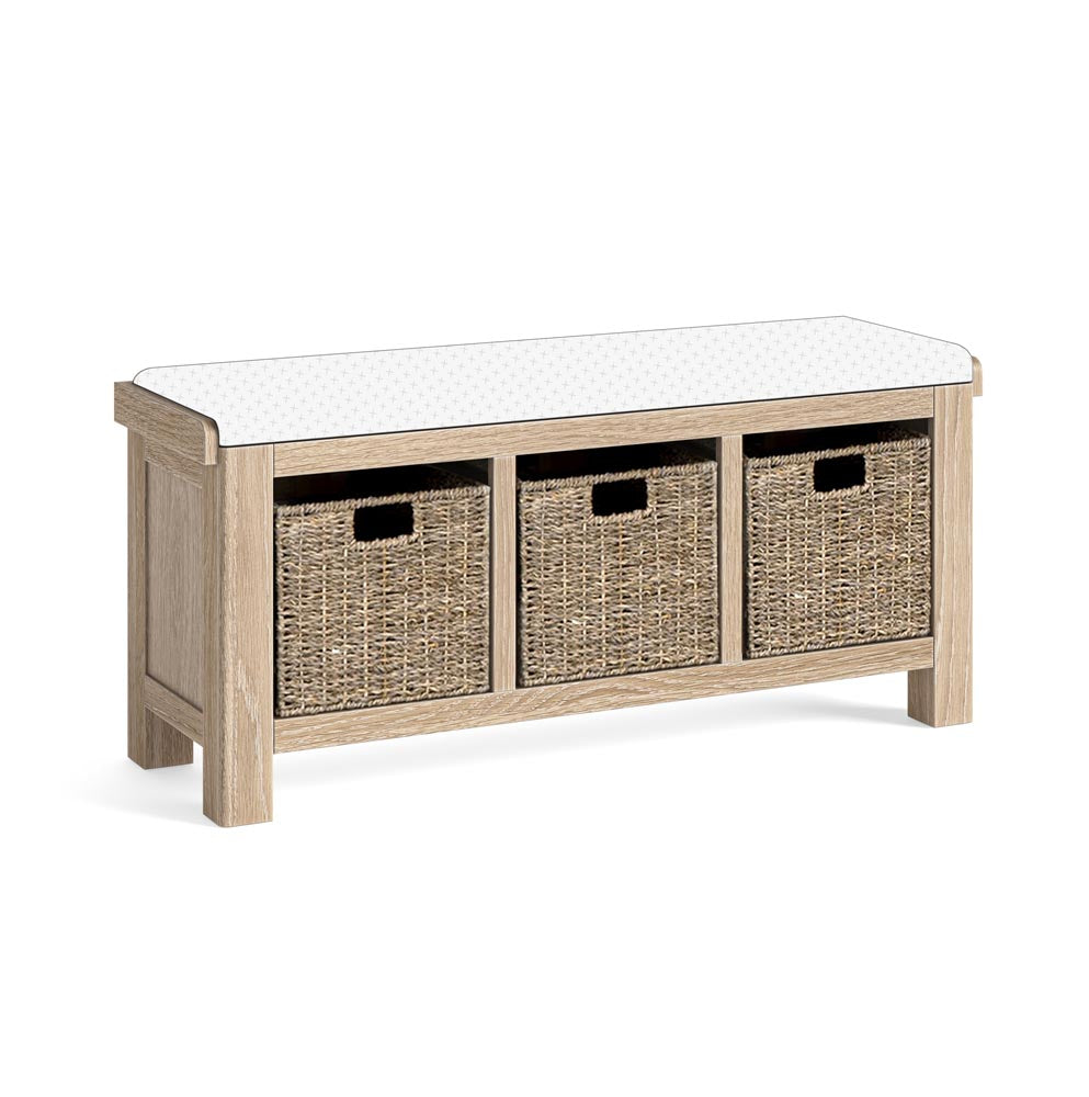 Wooden bench with three wicker basket storage compartments on a white background