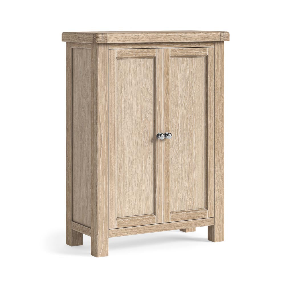 Wooden shoe storage cabinet with two doors on a white background