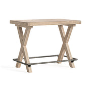 Wooden bar table with X-shaped / cross legs and metal footrest bar on a white background