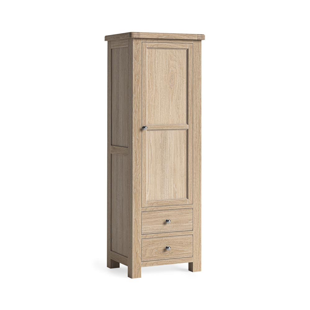 Wooden kitchen larder unit with a single door and two drawers on a white background