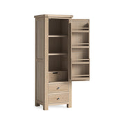 Wooden cabinet with open doors on a white background