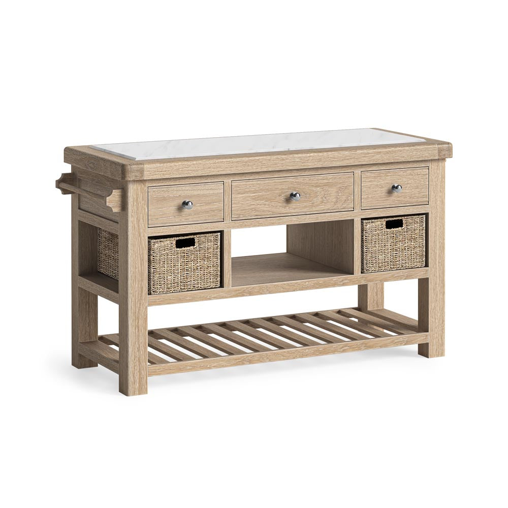 Kitchen Island with drawers and wicker baskets on a white background
