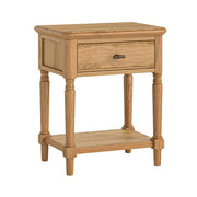 Oak lamp table with drawer, antique t-bar handle and solid shelf at the base. 