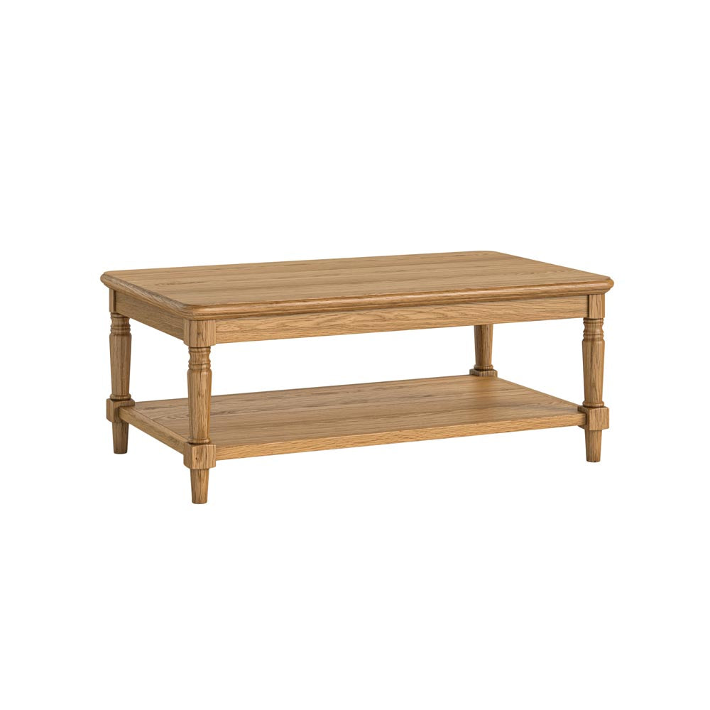 Rectangle oak coffee table with display shelf.