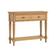 Wooden console table with two drawers on a white background