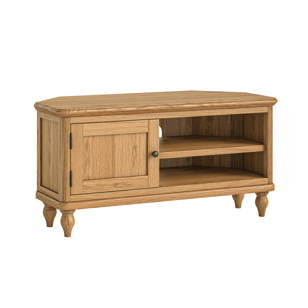 Wooden TV stand with a single door and open shelves on a white background