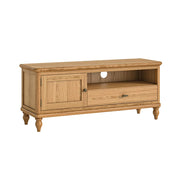 Wooden TV stand with a drawer and cabinet on a white background