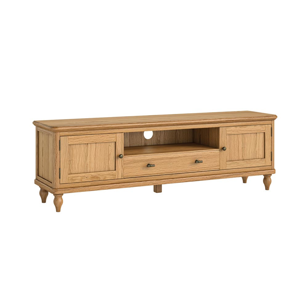 Wooden TV stand with two doors and two drawers on a white background