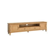 Wooden TV stand with tow side by side drawers and 2 cabinets on a white background