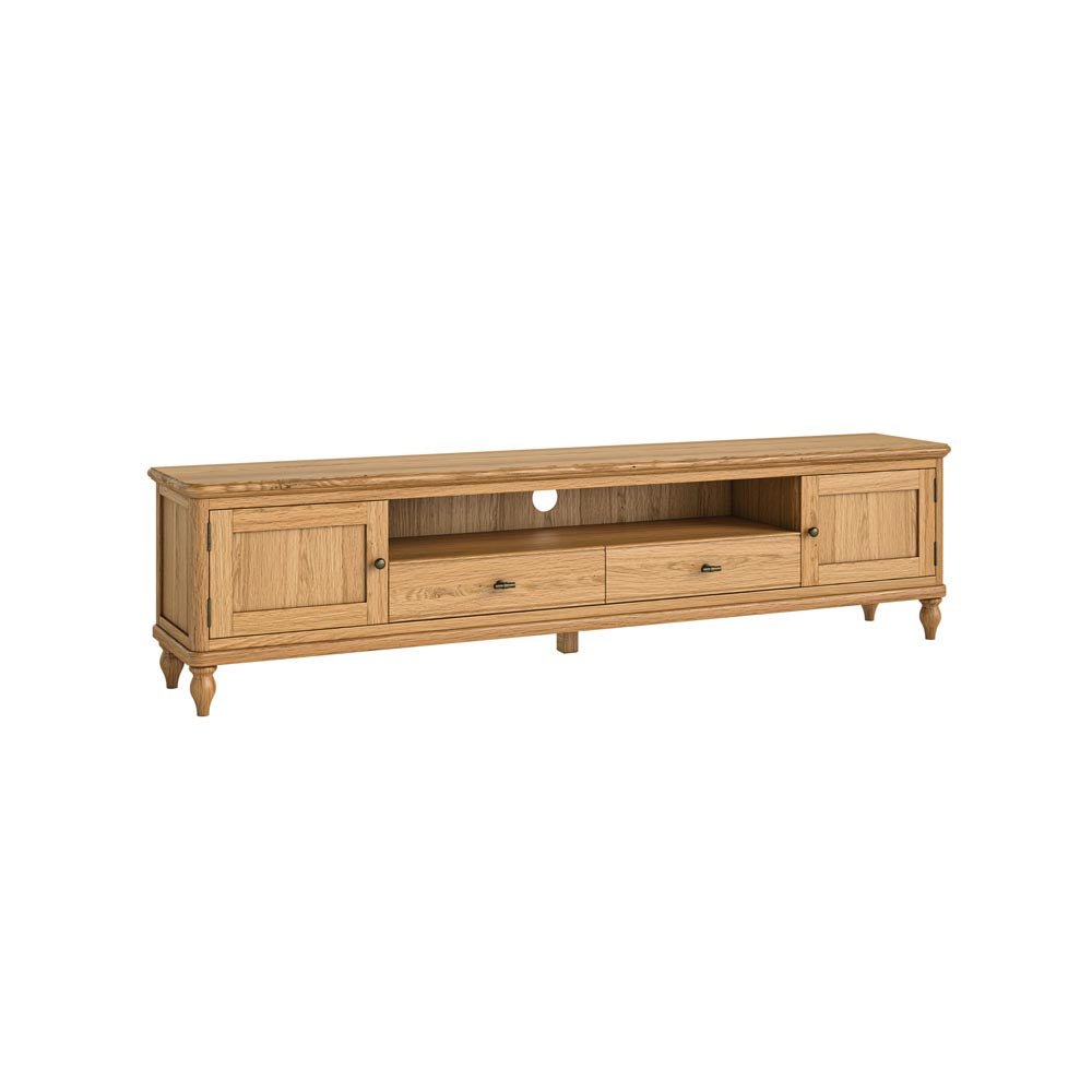 Wooden TV stand with tow side by side drawers and 2 cabinets on a white background