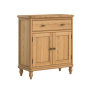 Wooden mini sideboard with a drawer and two doors on a white background