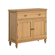 Wooden sideboard with two doors and a drawer on a white background